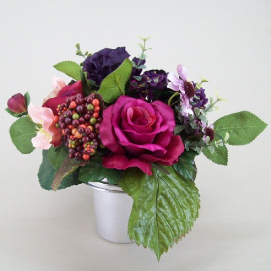 Silk Flowers Filled Grave Pot Wine Silk Rose and Berries AG003